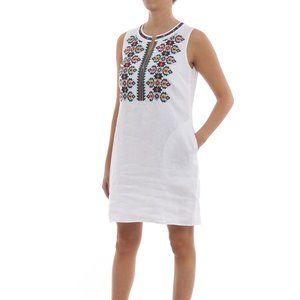 Tory Burch Embroidered Linen Sleeveless Shift Dress (XS, White)